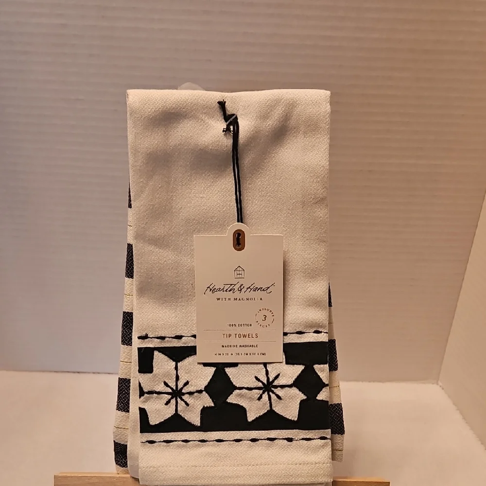 Hearth & Hand Magnolia NWT Black White Embroidery Cotton Tip Towels Set of 3